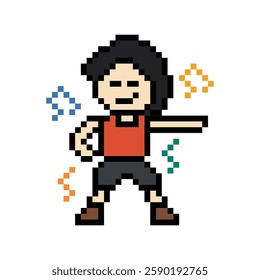 Cute cartoon pixel character cute man exercises training aerobic dance lifestyle music decoration life style 8 bit male boy dance with music game 8bit fitness isolated vector.