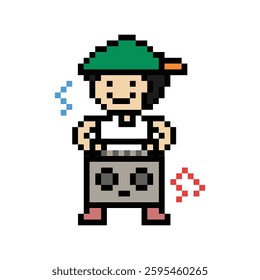Cute cartoon pixel character cute man exercises training aerobic dance lifestyle music decoration life style 8 bit male boy dance with music game 8bit fitness isolated vector.