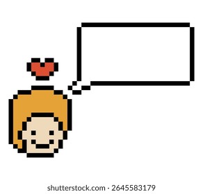 Cute cartoon pixel character man face chat box blank decoration 8 bit male boy say speak discuss idea chat box cartoon pixel 8bit game vector.