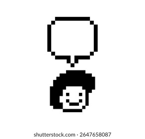 Cute cartoon pixel character man face chat box blank decoration 8 bit male boy say speak discuss idea chat box cartoon pixel 8bit game vector.