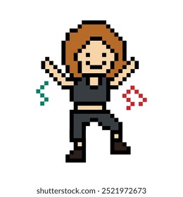 Cute cartoon pixel character woman exercises training dance lifestyle music decoration life style 8 bit female girl lady dance with music game fitness isolated vector.