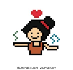 Cute cartoon pixel character cute woman exercises training dance lifestyle music decoration life style 8 bit female girl dance with music game fitness isolated vector.