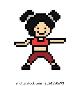 Personagem bonito de pixel de desenhos animados exercícios de treinamento dança estilo de vida de decoração de música estilo de vida feminino 8 bits de dança feminina com o jogo de música fitness vetor isolado.