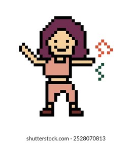 Cute cartoon pixel character cute woman exercises training dance lifestyle music decoration life style 8 bit female girl dance with music game fitness isolated vector.