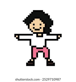 Cute cartoon pixel character cute woman exercises training dance lifestyle music decoration life style 8 bit female girl dance with music game fitness isolated vector.