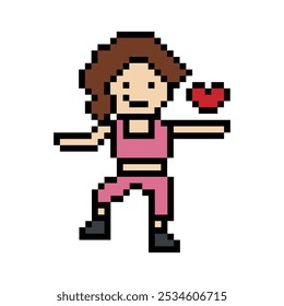 Cute cartoon pixel character cute woman exercises training dance lifestyle music decoration life style 8 bit female girl dance with music game fitness isolated vector.