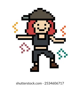 Personagem bonito de pixel de desenhos animados exercícios de treinamento dança estilo de vida de decoração de música estilo de vida feminino 8 bits de dança feminina com o jogo de música fitness vetor isolado.