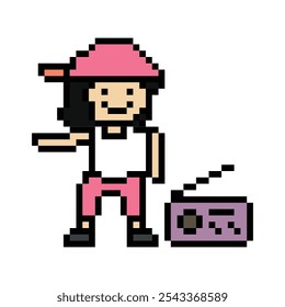 Cute cartoon pixel character cute woman exercises training dance lifestyle music decoration life style 8 bit female girl dance with music game fitness isolated vector.