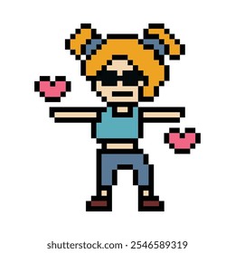 Cute cartoon pixel character cute woman exercises training dance lifestyle music decoration life style 8 bit female girl dance with music game fitness isolated vector.