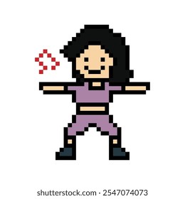 Personaje lindo del pixel de la historieta Mujer linda ejercita la danza de entrenamiento Estilo de vida Música Decoración Estilo de vida 8 bits Danza femenina con juego de música Fitness Vector aislado.