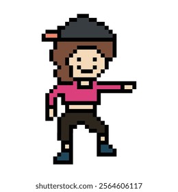 Cute cartoon pixel character cute woman exercises training dance lifestyle music decoration life style 8 bit female girl dance with music game 8bit fitness isolated vector.