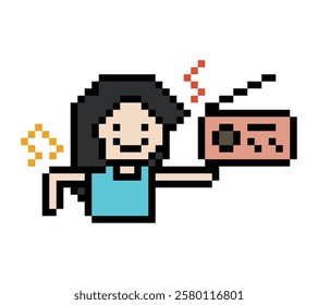 Cute cartoon pixel character woman exercises listen music dance lifestyle music decoration life style 8 bit female girl dance lady music game 8bit listen love isolated vector.