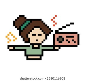 Cute cartoon pixel character woman exercises listen music dance lifestyle music decoration life style 8 bit female girl dance lady music game 8bit listen love isolated vector.