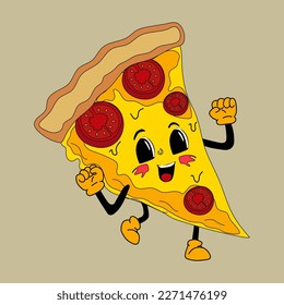 Cute Cartoon pizza character. Happy and cheerful emotions. Old animation 60s 70s, funny cartoon characters. Trendy illustration in retro style. 