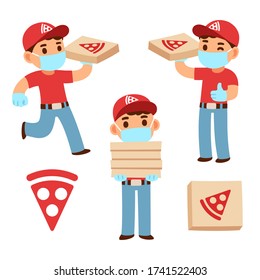 Cute cartoon pizza delivery boy in face mask and gloves. Pandemic lockdown and quarantine food delivering service. Vector illustration set. 