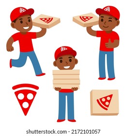 Cute cartoon pizza delivery boy holding pizza boxes with pizzeria logo. Simple flat vector character illustration.