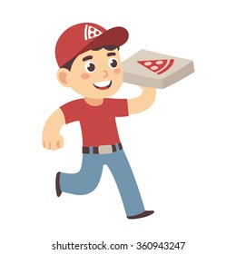 Cute cartoon pizza delivery boy running with cardboard box with stylized pizza logo. Isolated vector illustration.