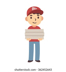 Cute cartoon pizza delivery boy with pizza boxes. Isolated vector illustration.