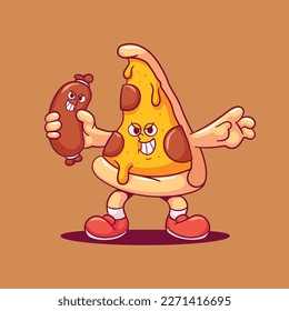 Cute cartoon pizza holding sausage 