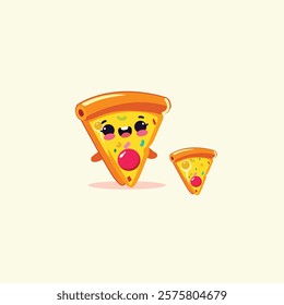 A cute cartoon pizza slice with gooey melted cheese, vibrant pepperoni slices, and a cheerful smile. It has big, sparkling eyes, tiny arms waving happily, and a playful pose that makes it look irresis