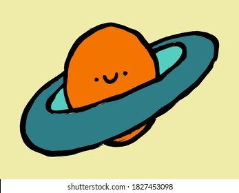 Cute cartoon Planet Charakter mit Gesicht und Ring. Emblem, Logo, kindisches Design. Handgezeichnetes Doodle-Symbol. farbenfrohe Zeichnung.