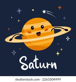 El personaje de dibujos animados Saturno con cara divertida. Sistema solar de afiches para niños.