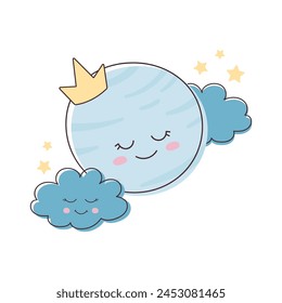 Cute cartoon planet with a crown sleeping among clouds and stars. Illustration for children.