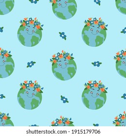 Cute cartoon planet Earth character with a floral wreath on her head. Vector seamless pattern for wrapping, fabric, wallpaper.