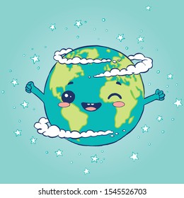 A cute cartoon planet Earth with hands in the air. Vector illustration.