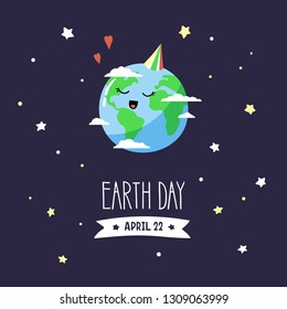 Cute cartoon planet Earth in the night sky. Vector template.