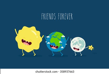 Cute cartoon planet earth, sun, moon and star. Earth day background. Use for card, poster, banner, web design and print on 
t-shirt. Easy to edit. Vector illustration.