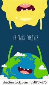 Cute cartoon planet earth and sun. Earth day background. Use for card, poster, banner, web design and print on t-shirt. Easy to edit. Vector illustration.