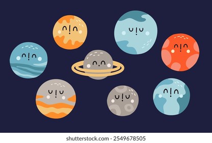 Cute cartoon planets with faces in space - whimsical solar system illustration.