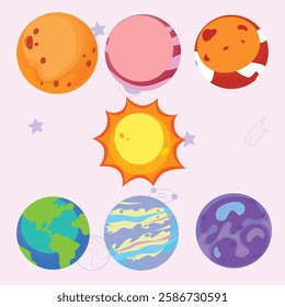 Cute Cartoon Planets – A playful and colorful set of adorable planets with fun expressions, perfect for space, astronomy, kids' illustrations, and educational themes.