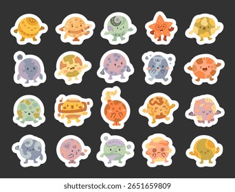Fantástico conjunto de planetas desenhos animados mostrando poses de personagem estilo escandinavo e elementos flutuantes no espaço cósmico com tema de astronomia para ilustração educacional projetos de desenhos criativos