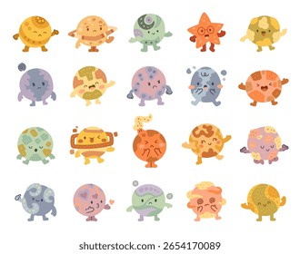 Fantástico conjunto de planetas desenhos animados mostrando poses de personagem estilo escandinavo e elementos flutuantes no espaço cósmico com tema de astronomia para ilustração educacional projetos de desenhos criativos