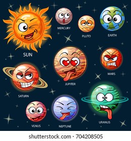 Cute cartoon planets of the solar system. Sun, Mercury, Venus, Earth, Mars, Jupiter, Saturn, Uranus, Neptune, Pluto