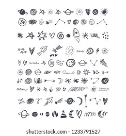 Cute cartoon planets and space icons set. Illustrations for kids, poster, nursery wallpaper, background.