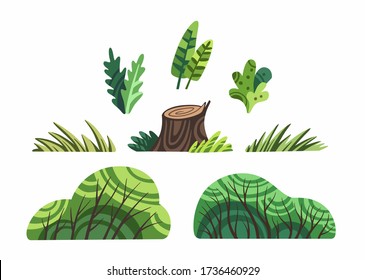 Cute cartoon plants clip art set isolated on white background vector. Bushes, leaves, stump and grass clipart for designing, stock flat style illustration for children fairy tale book.