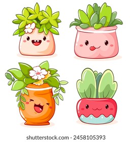 Cute cartoon plants in flowerpot. Plant in kawaii style in flower pot. Home garden, hobby and leisure concept. Gardening and floriculture. Vector illustration EPS8  