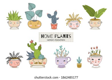 Cute cartoon plants in the pot collection. Houseplants doodles. Hand drawn icons design vector illustration.