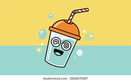 Cute cartoon plastic beverage cup with dizzy eyes and a colorful striped straw on a bright yellow and blue background.