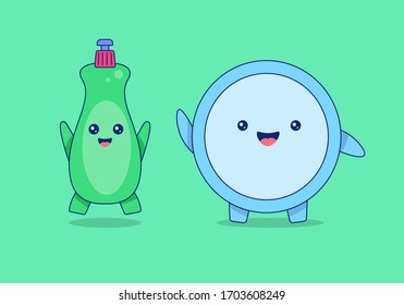 Cute cartoon, plates and detergent characters vector illustration