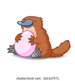 Cute cartoon platypus hugging a big pink egg. Vector illustration