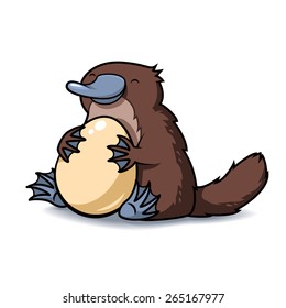 Cute cartoon platypus hugging a big yellow egg. Vector illustration