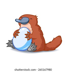 Cute cartoon platypus hugging a huge blue egg. Vector illustration