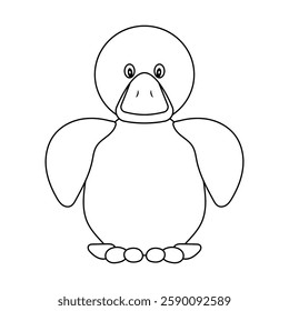 Cute Cartoon Platypus Outline Vector Illustration. A black and white vector illustration of a cartoon-style platypus with a rounded body, large beak, and expressive eyes.