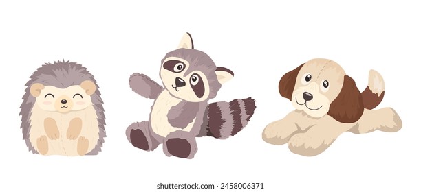 Cute cartoon playthings for children isolated set with raccoon, puppy, hedgehog plush baby toys