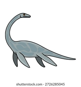 Desenho animado bonito plesiossauro ilustração vetor, réptil marinho pré-histórico com pescoço longo e nadadeiras, isolado no fundo branco