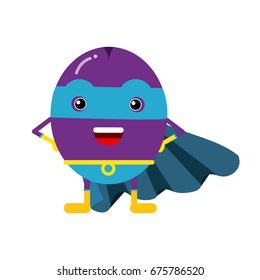 Cute cartoon plum superhero in mask and blue cape, colorful humanized fruit character vector Illustration